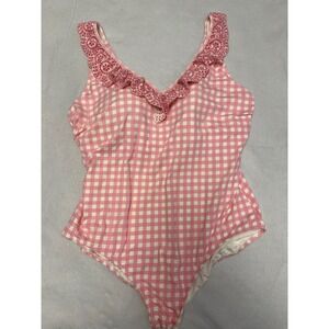 Draper James Lands End Pink Gingham Ruffle V Neck One Piece Swimsuit Women's 20W